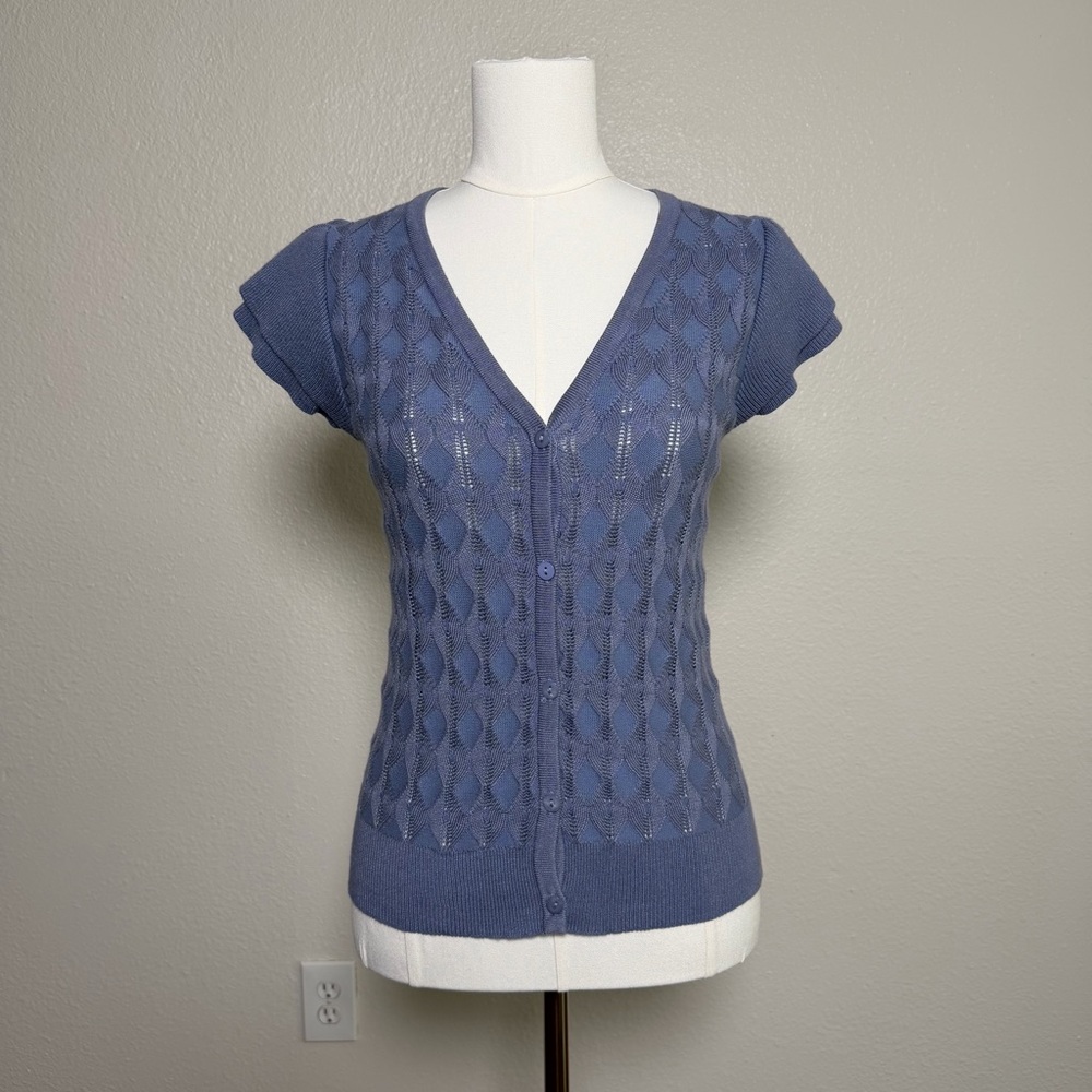 Dusty Blue Pointelle Button Cardigan Top Flutter Sleeve (small petite)